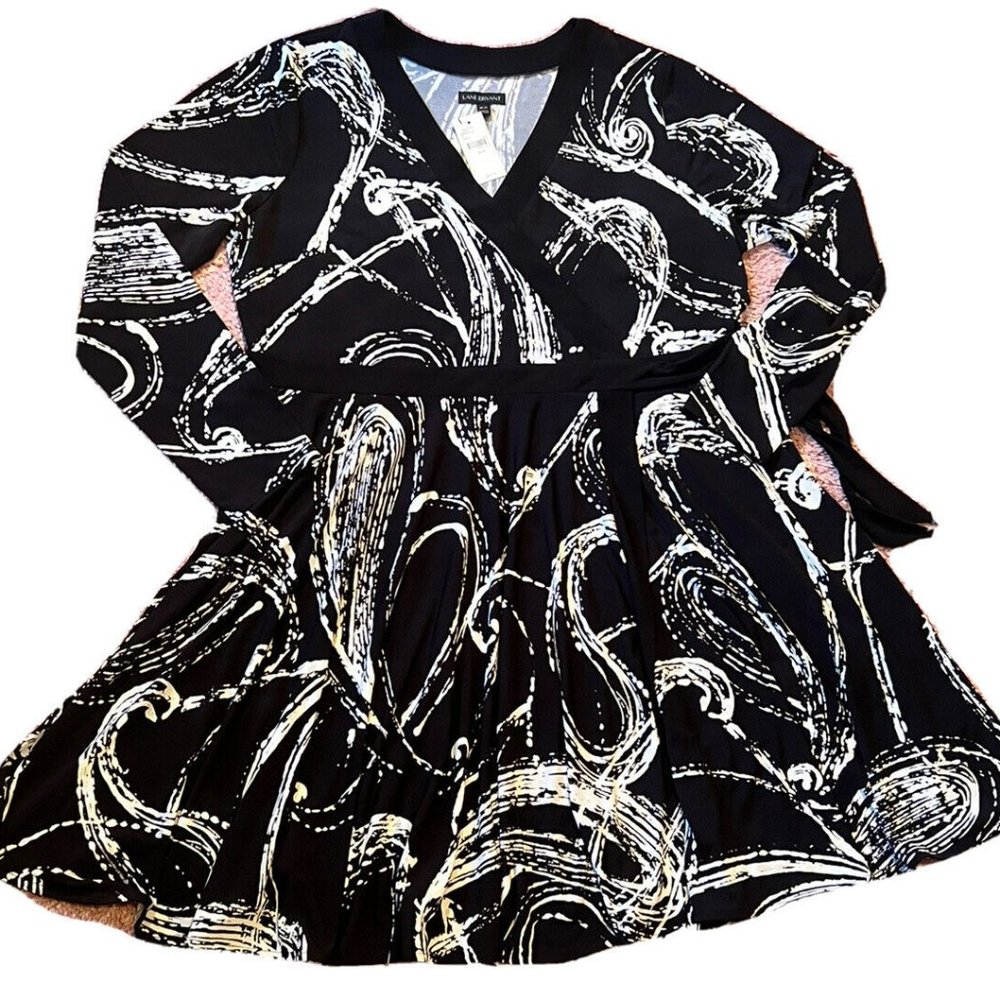 Lane Bryant Black White Long Sleeve Abstract Swirl Wrap Dress Sz 18/20 Artsy NEW